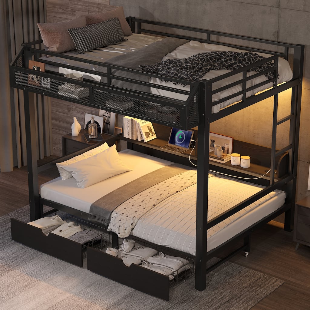 Full over Full Bunk Bed with Storage Shelves and Drawers,Multifunctional Metal Bunk Beds with USB Ports and LED Lights