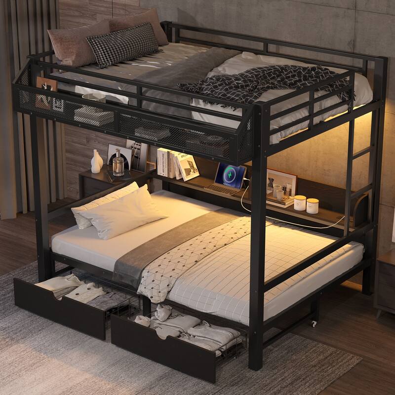 Loft Bed with Lower Sofa Convertible into Bed, Full Over Full Bunk Bed Frame with Drawers, Shelves, LED Lights and USB Ports