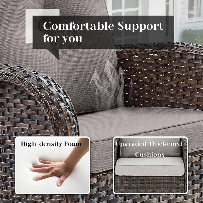 Outdoor Sectional Sofa Chairs Ottomans with Fire Pit Table -Grey - Brown