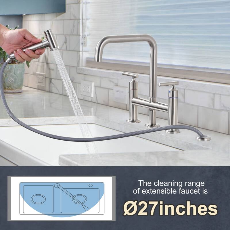 WOWOW Double Handle Bridge Kitchen Faucet with Side Sprayer