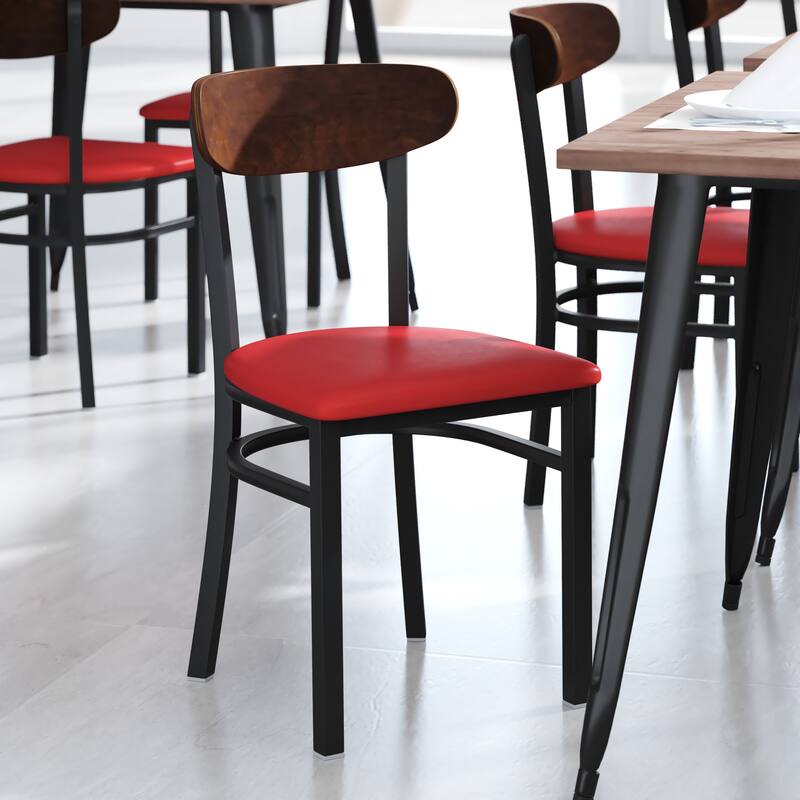 Commercial Metal Dining Chair with Wood Seat and Boomerang Back - Walnut Wood Back/Red Vinyl Seat