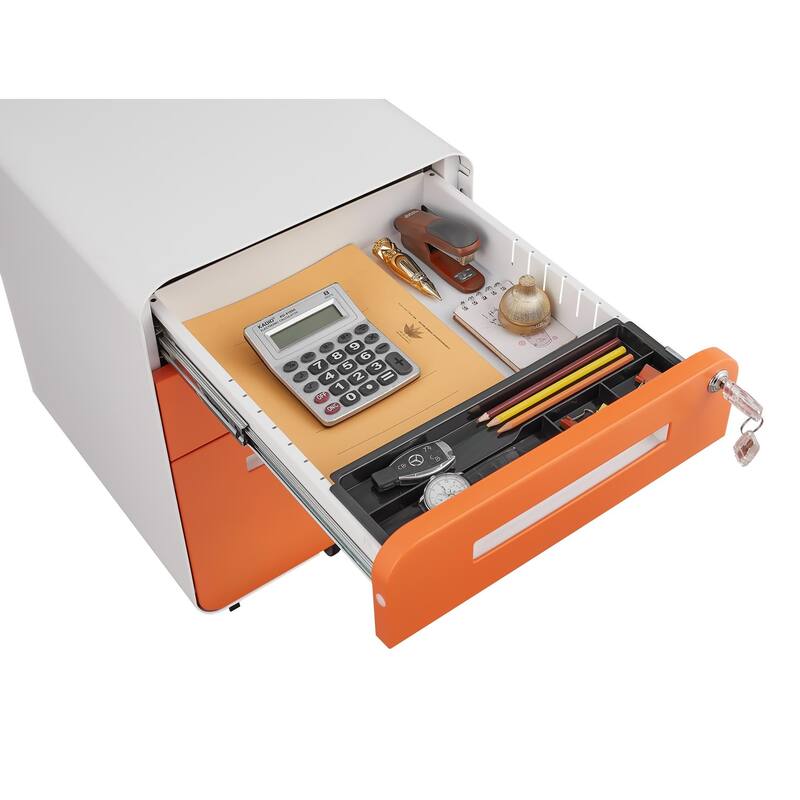 Metal Home Office Storage Cabinet with Pencil Tray & Hanging Bars, 3-Drawer Locking Mobile File Cabinet with Wheels