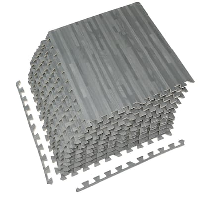 Interlocking Floor Mat - Gray Wood Print, 12 Pieces and Borders