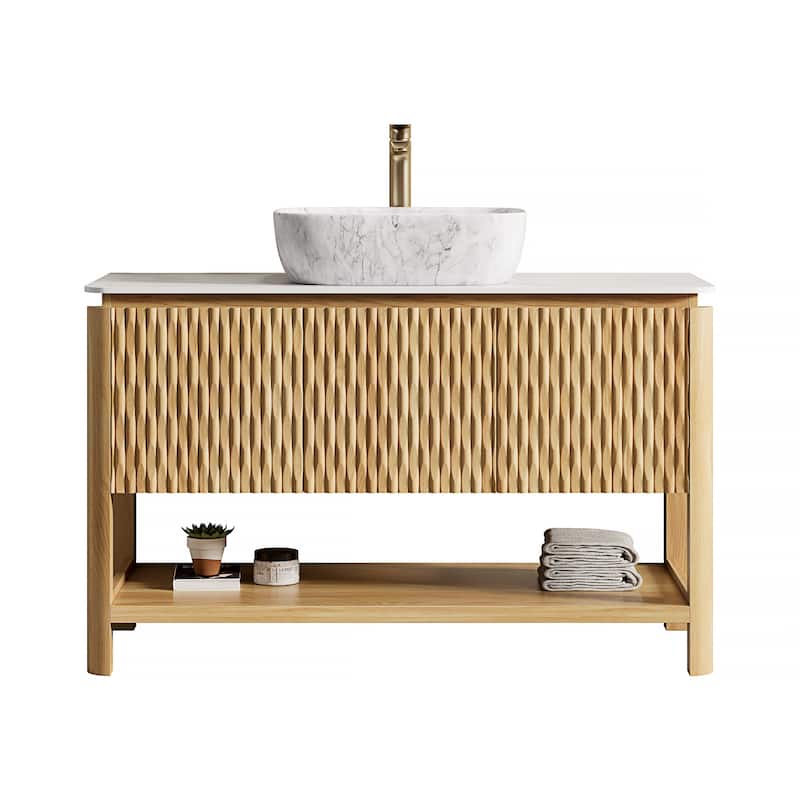 Freestanding Bathroom Vanity in Natural Wood with Carrara White Sintered Stone Top and Vessel Ceramic Basin