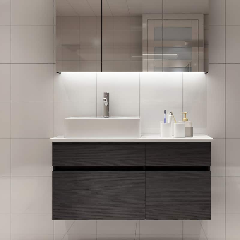 Chelce 32" Black and White Wall Mounted Bathroom Vanity with Faux Marble Countertop and Ceramic Sink
