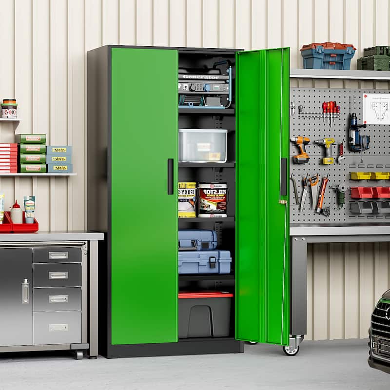 71 inch Garage Storage Cabinet Shelving Kitchen Pantry Locker with Adjustable Shelves for Office, Garage, Home, Pantry - Black Green