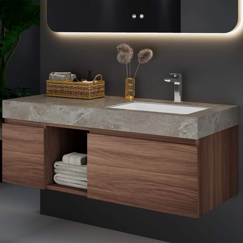48" Mid Century Single Bathroom faux marble Vanity with Top, Solid Wood, Floating Vanities for Bathroom, Not Assembled Need