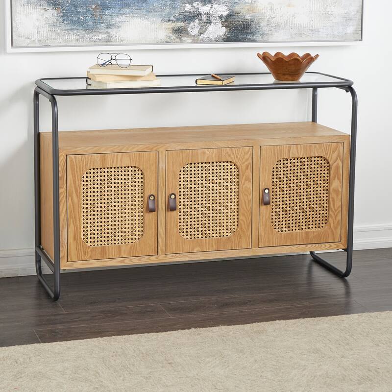 Brown Wooden Living Room Coffee Table with Cane Front Drawers and Gray Metal Frame