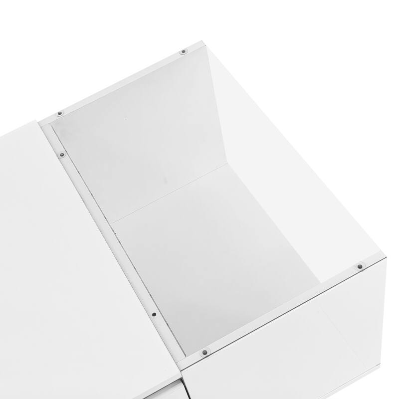 Modern Center Table with High-Gloss Finish and Glass Tabletop, Coffee Table with Open Storage Compartment and 2 Hidden Drawers