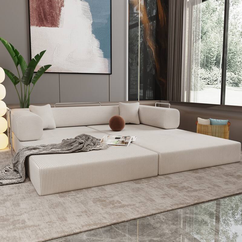 Convertible Couch Modular Sofa Bed with Wide Armrests, Beige Upholstered Sofa Couch with Pillows for Living Room