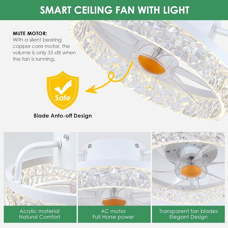 KAYLA 20.86'' Modern Flush Mount Ceiling Fans, Low Profile Ceiling Fan with Lights, Dimmable, APP Control, 6-Speed - N/A