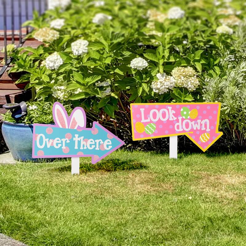 Glitzhome Set of 3 Easter Eggs Wooden Sign Yard Stakes