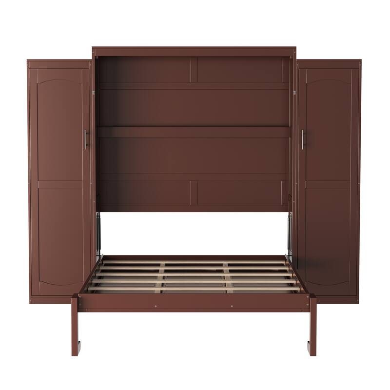 Full/Queen Size Murphy Bed, Wood Wall Murphy Bed with Two Closets and Shelves, Foldable Platform Bed Frame with Wooden Slats