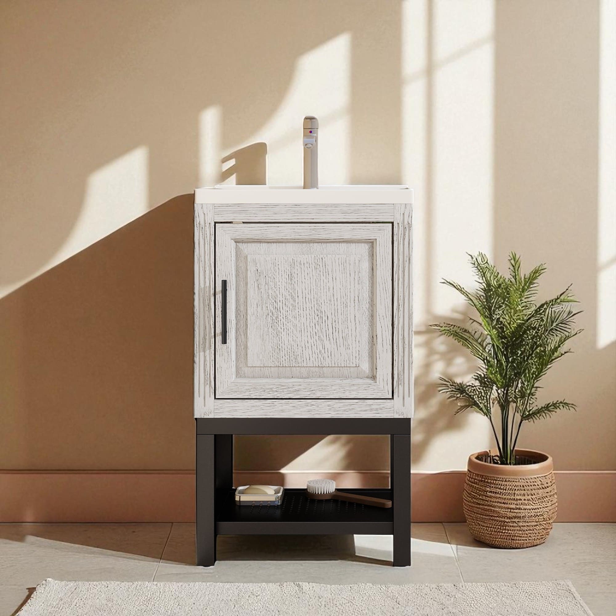 20 Inch Bathroom Vanity with Ceramic Sink, Metal Frame, Faucet, Soft-Close Door, and Open Shelf