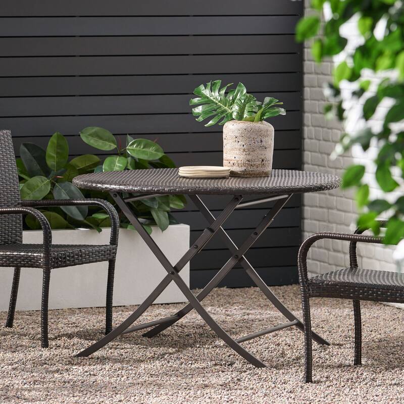 Rattan Round Dining Table Foldable Design Powder Coated Metal Outdoor