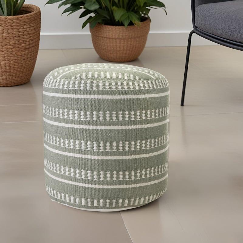 20" Green Polyester Round Striped Indoor Outdoor Pouf Ottoman - Green