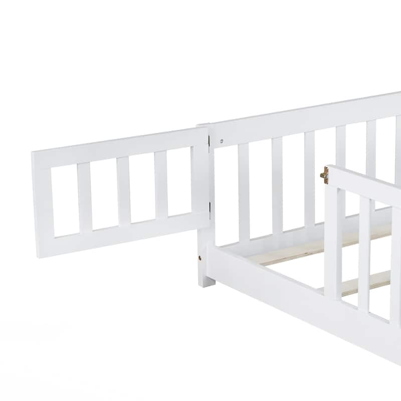 Full Size Floor Bed with Fence and Door,Rubber Wood Floor Bed with Safety Guardrails