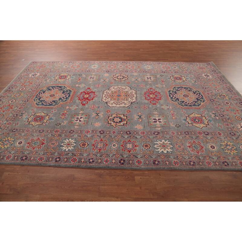 Gray Geometric Kazak Oriental Area Rug Handmade Wool Carpet - 6'8" x 9'8"