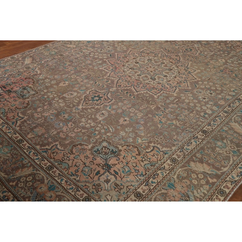 Brown Medallion Tabriz Persian Vintage Rug Hand-Knotted Wool Carpet - 8'2"x 11'5"