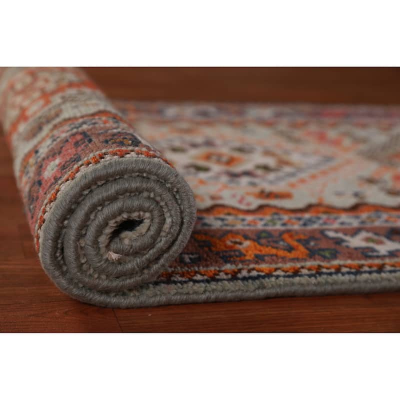 Hand Knotted Oriental 100% Wool Carpet Traditional Geometric Green Heriz (serapi) Runner Rug - 8' 2'' X 2' 6''