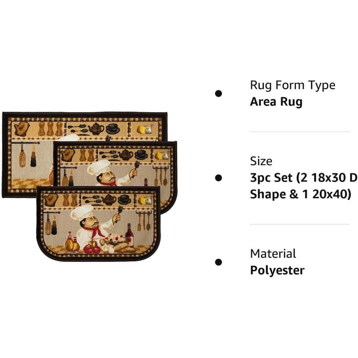 Kashi Home Kitchen Rug, Printed Durable Non Slip Floor Mat, Farmhouse Design 3 Piece Set - 3pc Set (2 18x30 D Shape & 1 20x40)