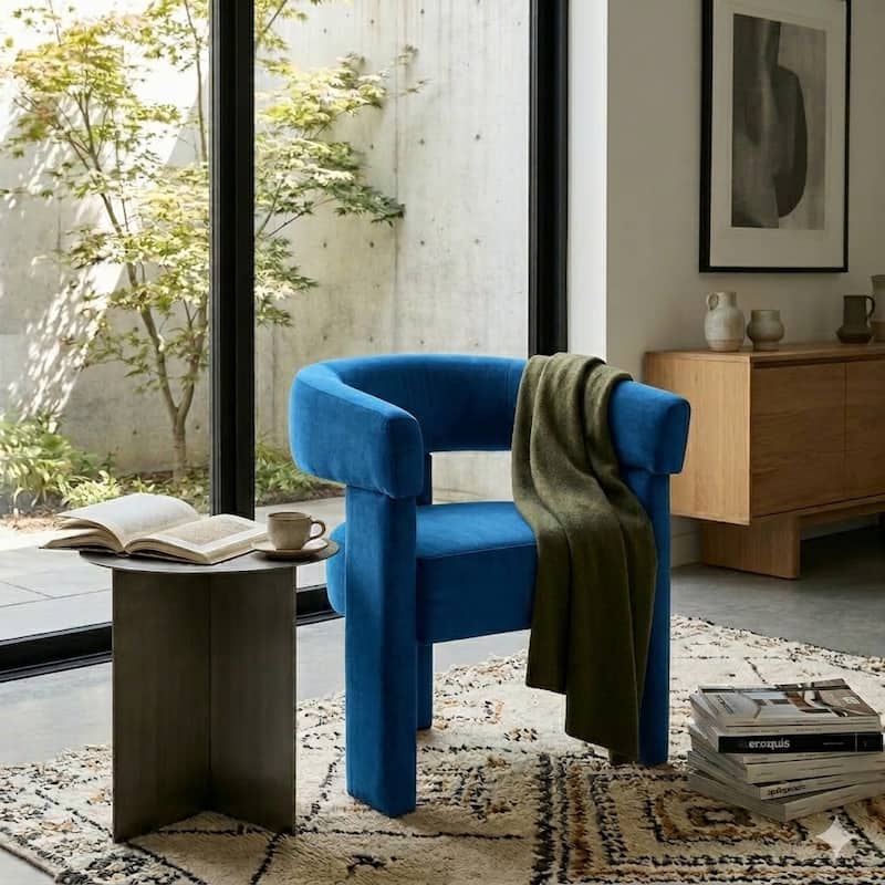 SEYNAR Modern Velvet Accent Chair, Upholstered Barrel Armchair with Curved Back and Thickened Padded Seat - Blue