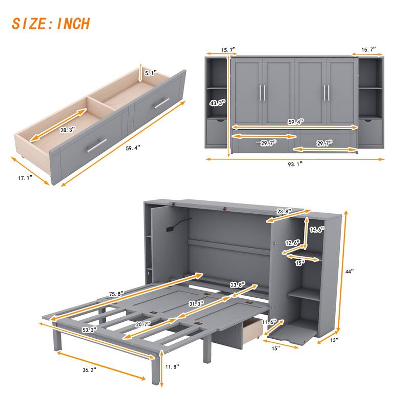 Space-Saving Full Size Murphy Bed with Shelves, Drawers, and USB Ports in Gray