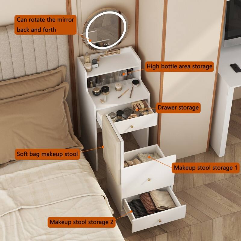 3 in 1 Vanity Desk With mirror and light ,Small makeup vanity set with charging station, 2 drawers , upholstered stool