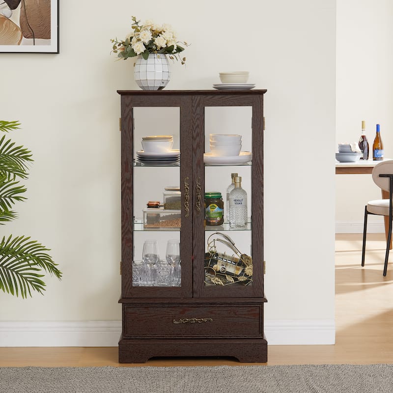 Roomfitters Retro Glass Cabinet Lighted Glass Cabinet Curio Display Cabinet with Adjustable Glass Shelves - Cherry