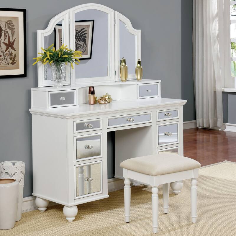 Furniture of America Nena Glam Wood 3-Piece Makeup Vanity Set with Tri-fold Mirror - White