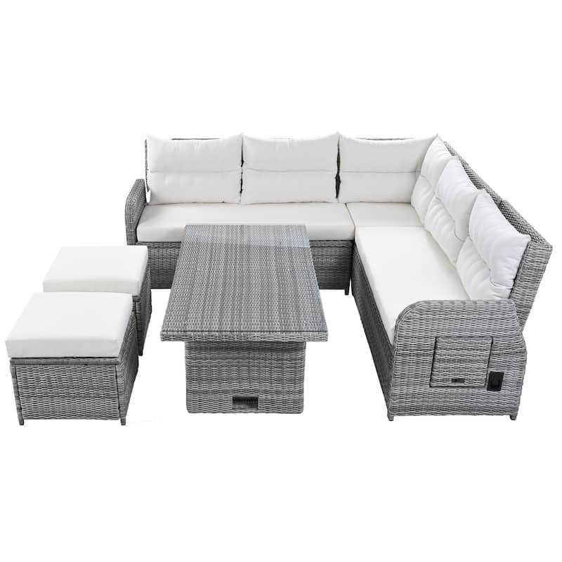 Outdoor Furniture Set Patio Rattan Furniture Set with an Adjustable Table, Recliners with Extendable Side Tables