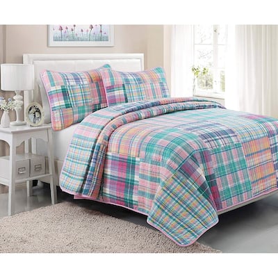 Porch & Den Copel Grid Pink Patchwork Cotton Reversible Quilt Bedding Set