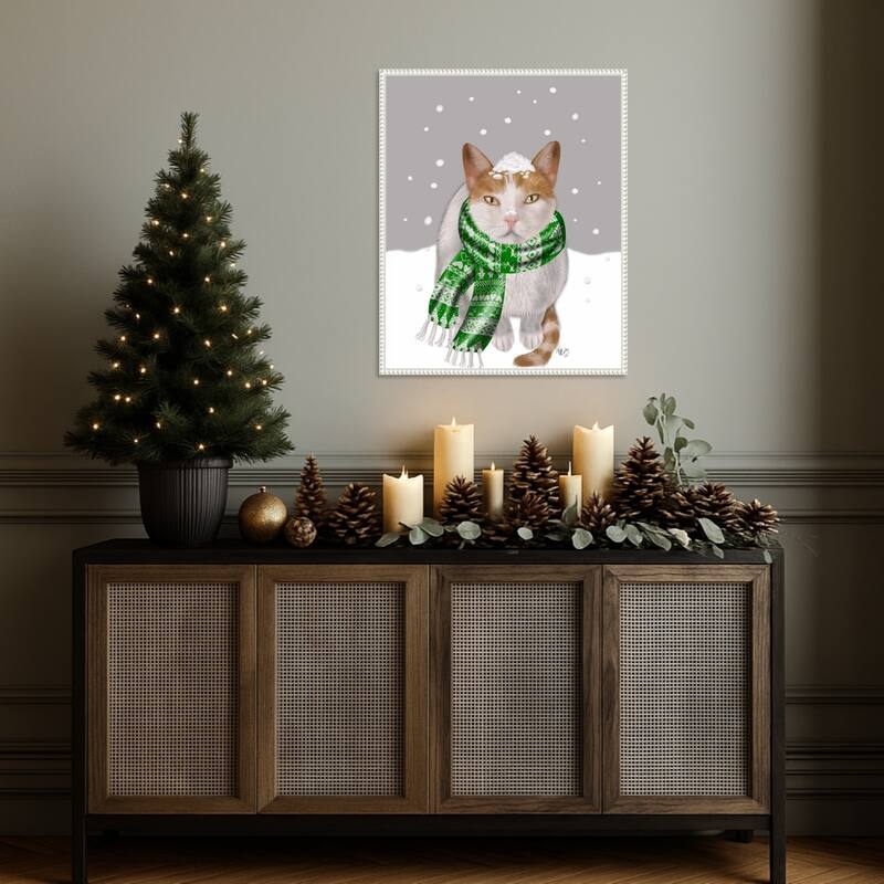 White Cat Green Scarf by Fab Funky (23 x 28 in.), Framed Canvas Wall Art Print - Sylvie Beaded White