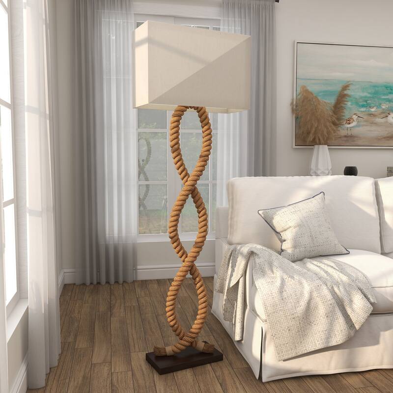 Jute Rope Rope Room Floor Lamp with Linen Shade - Brown - Roche River Decor