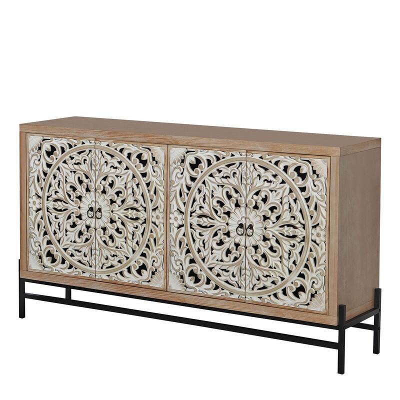 Elegant Storage Sideboard Cabinet with Carved Wood 4-Door for Living Room or Dining Area