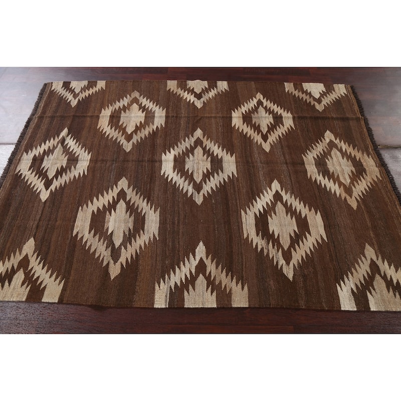 Natural Dye Tribal Geometric Kilim Oriental Wool Area Rug Flat-weave - 4'11" x 6'7"