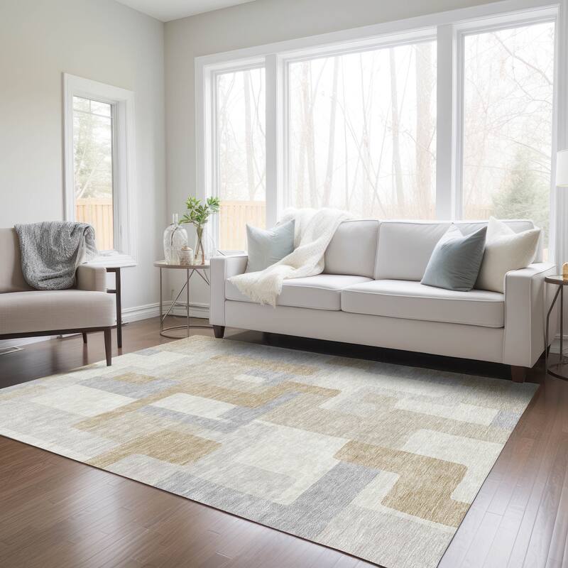 Machine Washable Indoor/ Outdoor Contempoary Blocks Chantille Rug