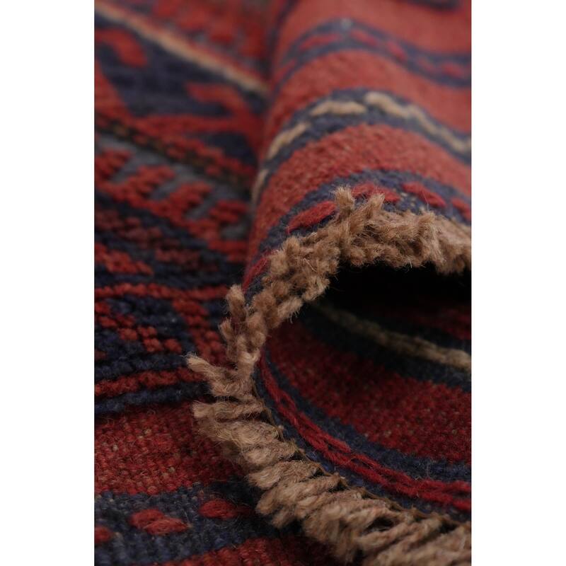 Hand Knotted Oriental 100% Wool Carpet Traditional Tribal Red Balouch Runner Rug - 7' 2'' X 2' 1''