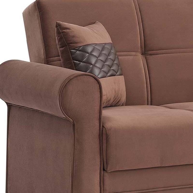 HomeRoots 89" Brown Microfiber Convertible Futon Sleeper Sofa And Toss Pillows With Storage
