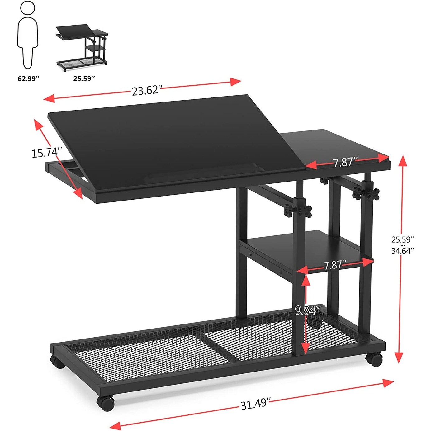 Height Adjustable C Side Table with Wheels Sofa Bedside Laptop