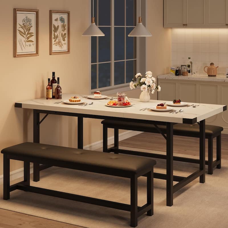 Dining Table Set for 4-6, 63" Extendable Wood Dining Room Table with Corner Protector & 2 Upholstered Benches - White