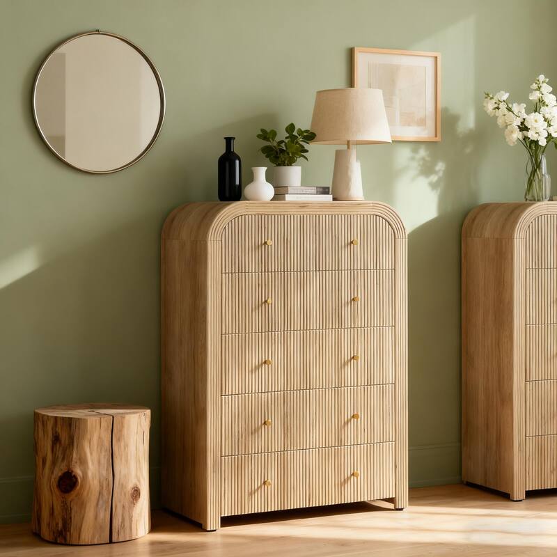 Modern Fluted 5 Drawers Dresser, Wood Chest of Drawers for Bedroom - Natural Oak