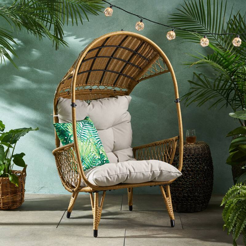 Roomfitters Outdoor Wicker Egg Chair with Canopy, Teardrop Lounge Seating and Soft Cushions for Patio Garden Balcony