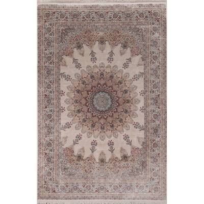 Beige Qum Turkish Rug Machine Made Silk & Polyester Carpet - 5'1" x 7'6"