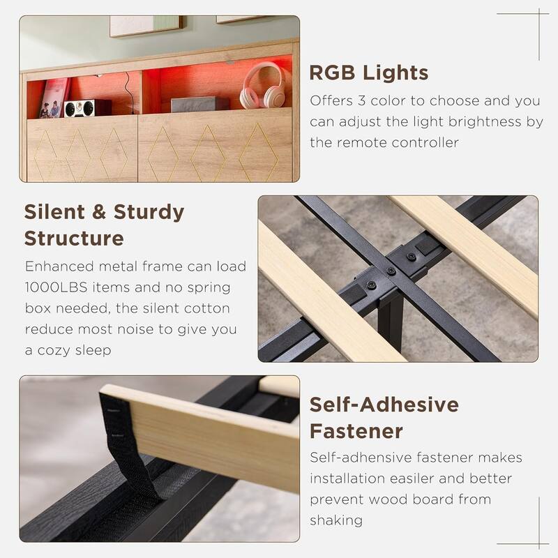 Modern Queen Size Wood Bed Frame with Charging Station and LED Lights