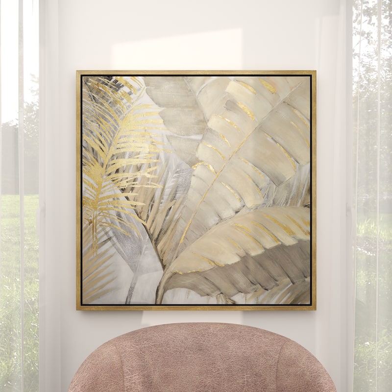 Canvas Leaf Palm Living Room Framed Wall Art with Gold Frame - Brown - CosmoLiving by Cosmopolitan