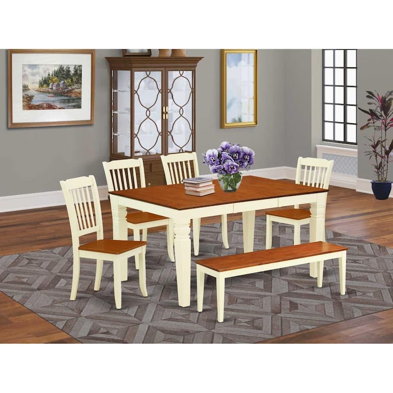 Beachy Boho Dining Set - 6Pc Rectangular Table & 4 Chairs Plus Bench - 42/60 Inch