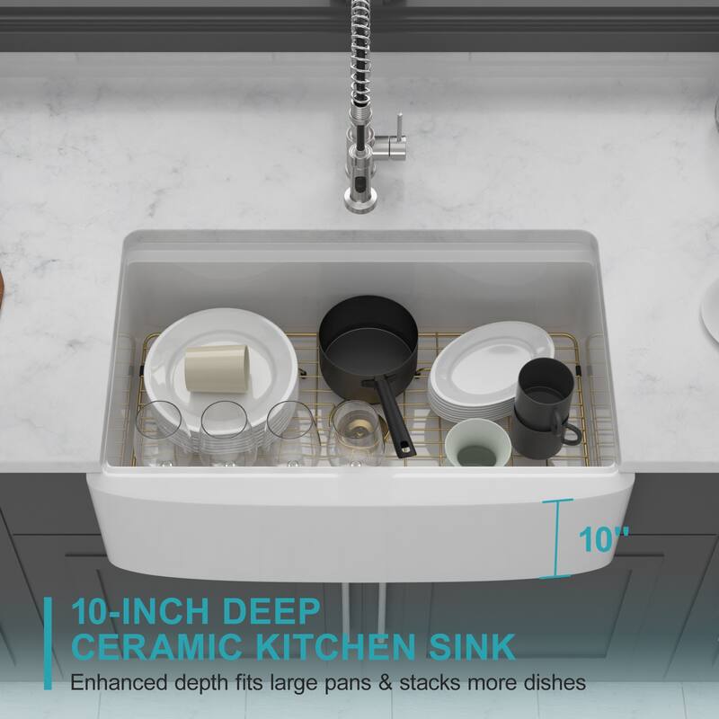 33" White Farmhouse Kitchen Sink Workstation - 33 x 21 x 10 inch White Porcelain Ceramic Sngle Bowl Kitchen Sink