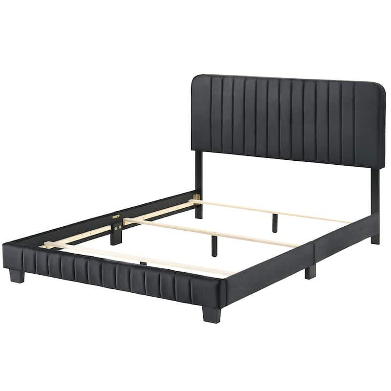Full Size Velvet Channel-Tufted Platform Bed with Contemporary Design and Wooden Slat Support