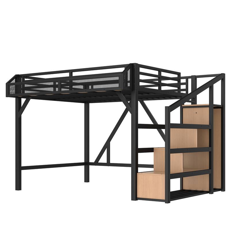 Full Loft Bed with Storage Stairs, Shelves and Built-in Wardrobe, Metal Loft Bed Frame with USB Ports and LED Lights